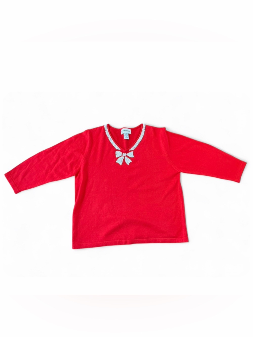 C.D Petites Red Pearlescent Bead 3/4 Sleeve Coquette Bow Motif Sweater Top Shirt